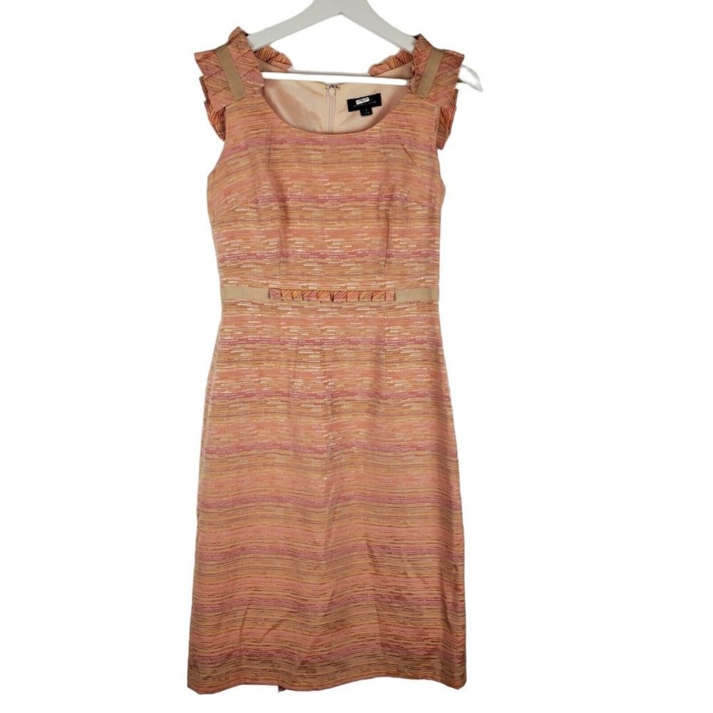 Tahari Sheath Dress Womens 2 Orange Sunset Back Zip Pleated Office Suits Sheen